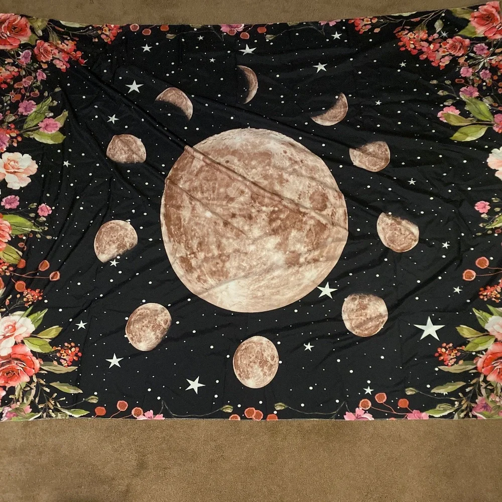 Tapestry Wall Hanging Moon Phase Surrounded by Watercolor roses